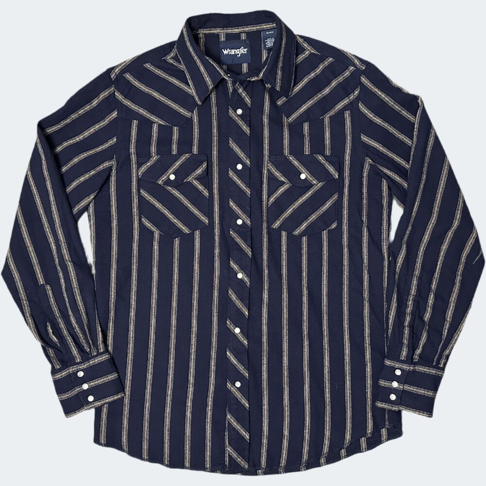 Wrangler Western Pearl Snap Navy Stripe Shirt Medium Y2K